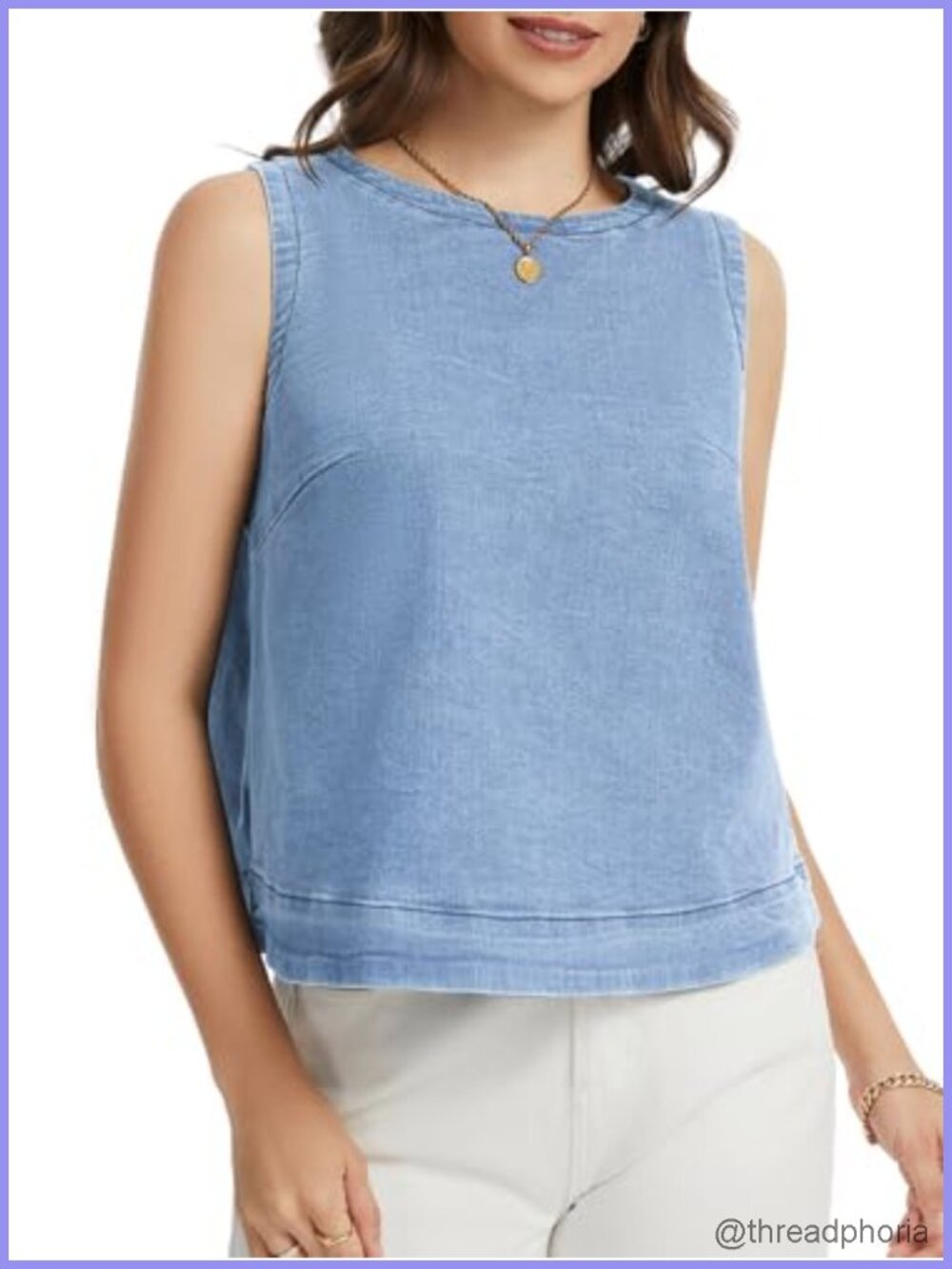 Women's Denim Tank Top Sleeveless Loose Fit Crewneck Jean Vest Back Button